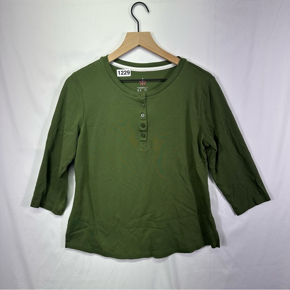 Isaac Mizrahi Live Essentials Olive Green Henley Top 3/4 Sleeve Size M